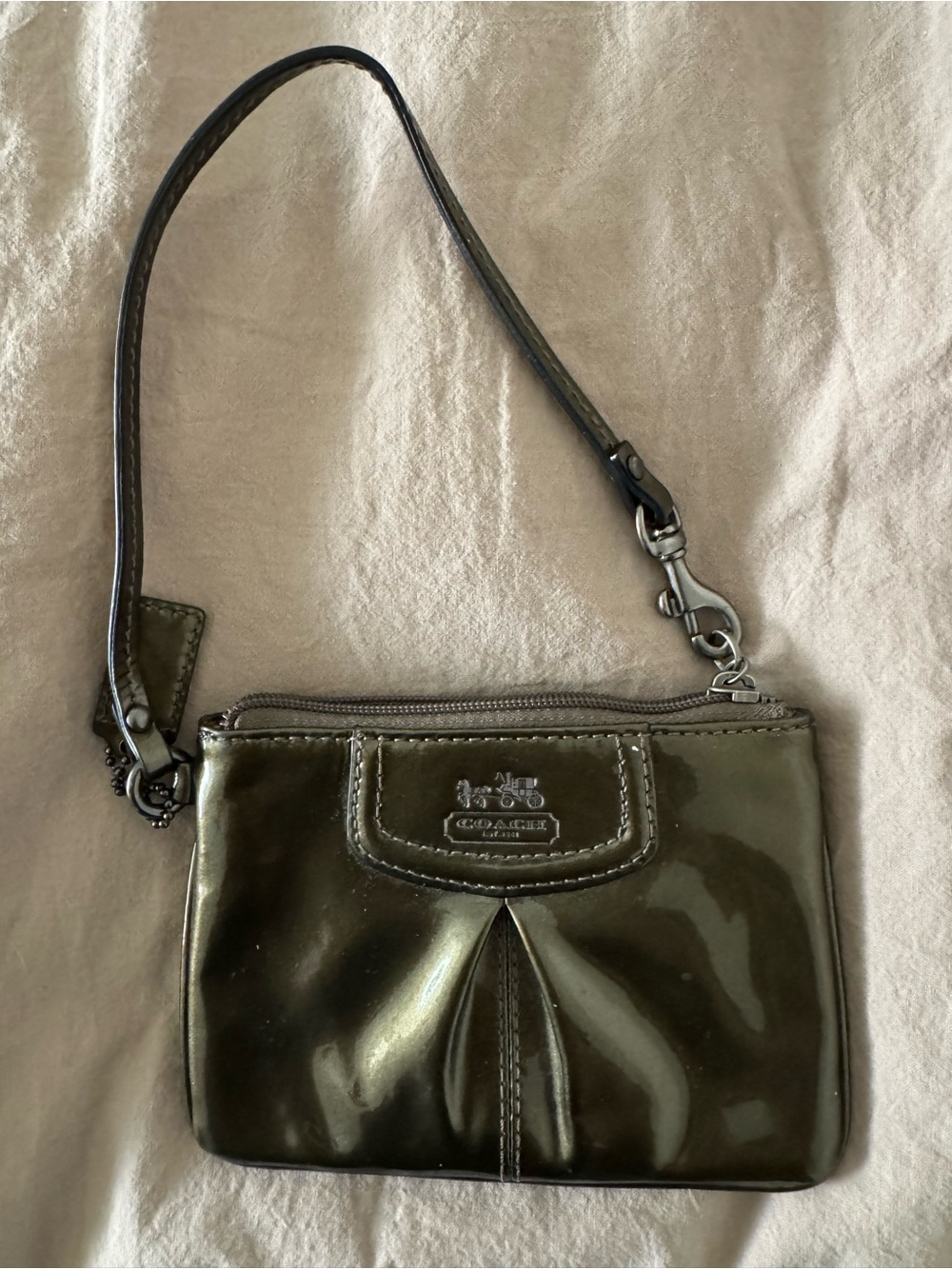 Coach Patent Leather Wristlet Olive Green